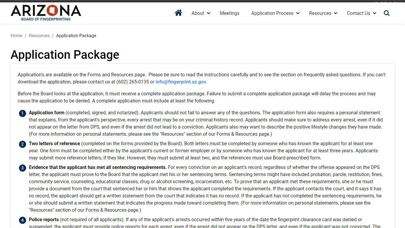 Application Package | Board of Fingerprinting - Arizona